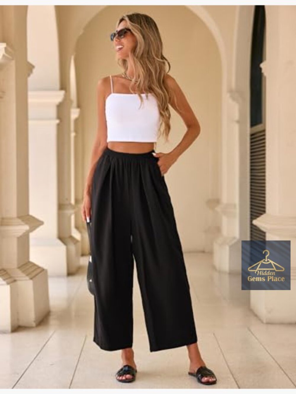 Linen Blend Wide Leg Crop Capri Pants with Pockets - Picture 3 of 7